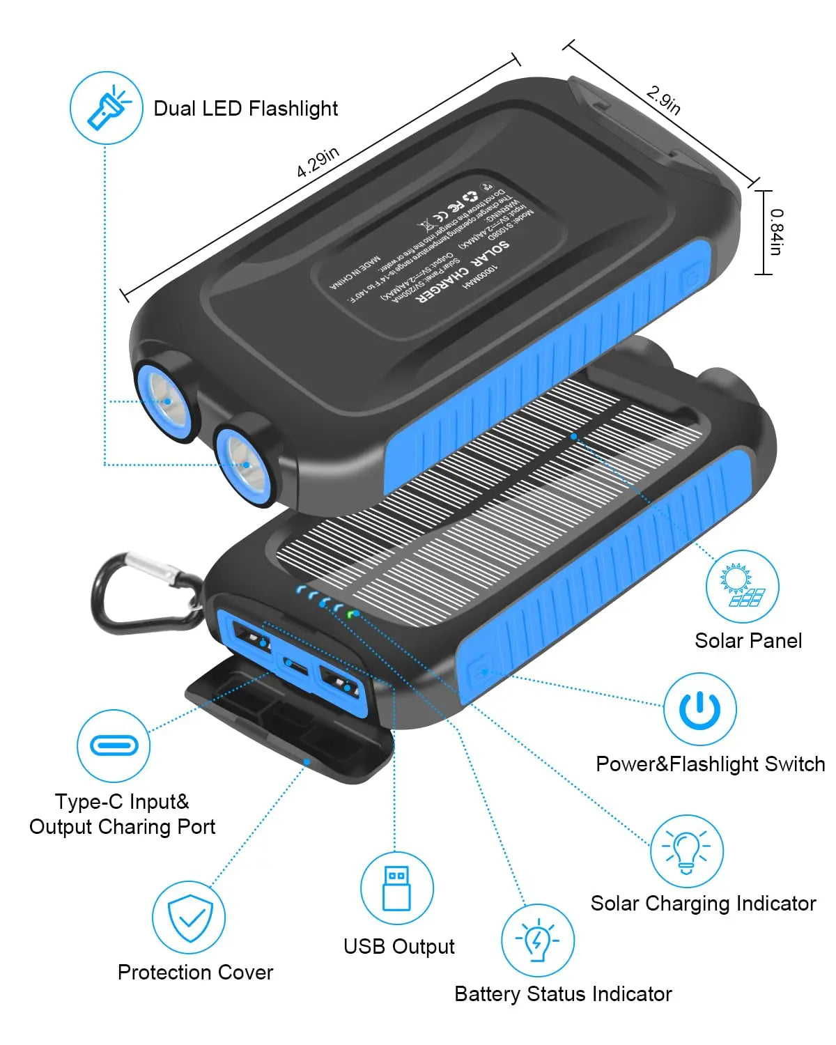 Solar Power Bank Rechargeable with 10000mAh LED Light