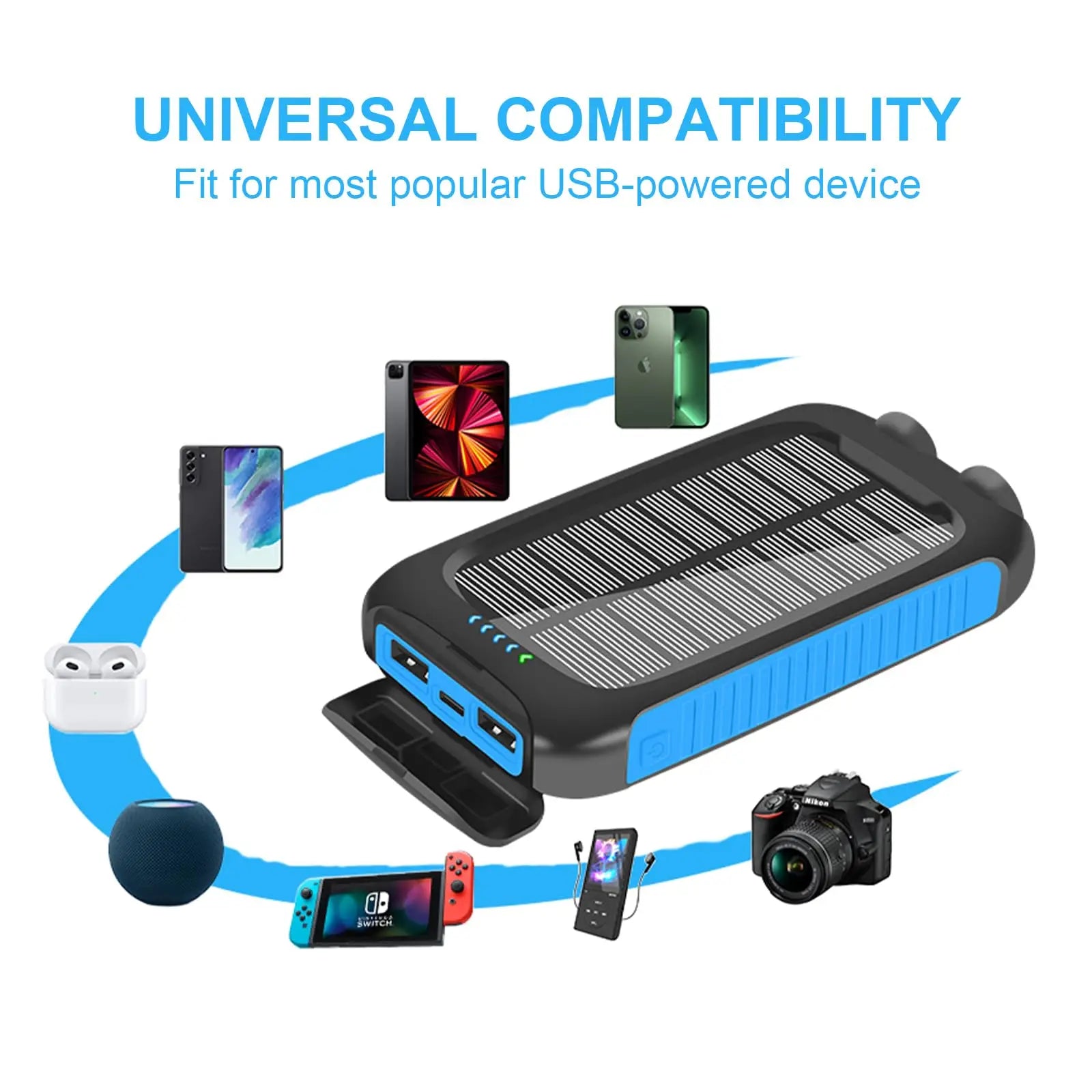 Solar Power Bank Rechargeable with 10000mAh LED Light