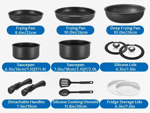 Induction Cookware Set 13 Pieces, Nonstick Pots and Pans Set with Removable Handles, Stackable Design for RV