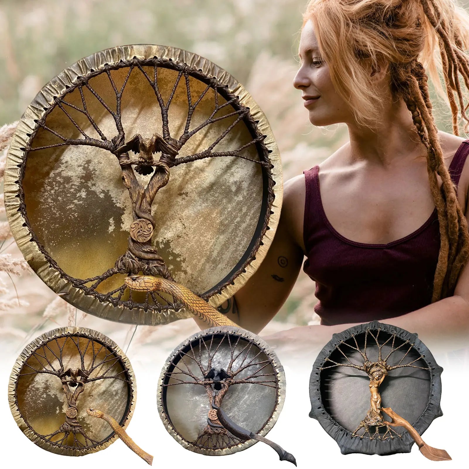Handmade Shaman Drum Tree-of-Life Siberian Drum With Drum Stick Sound Healing Adult Drum Reflection And Meditation Home Decor
