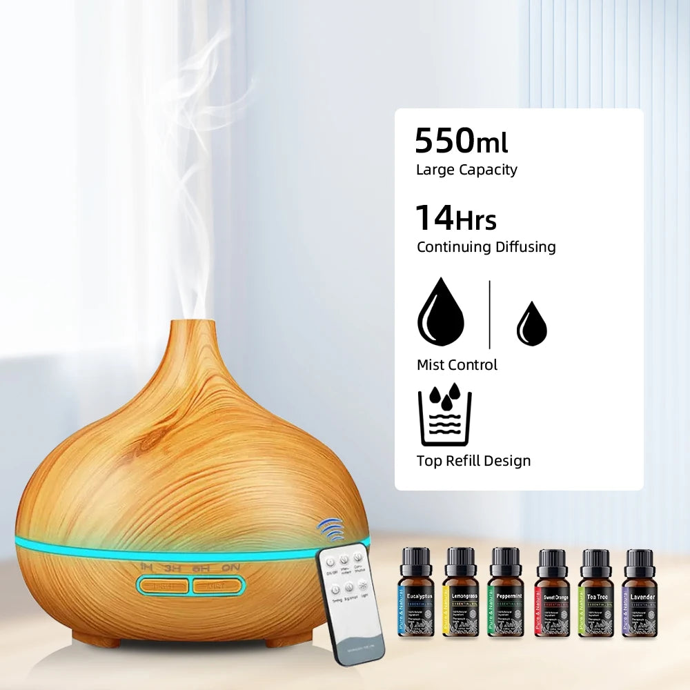 Wood Grain Aroma Diffuser with Remote Control & Timer  with 6 Oil Set